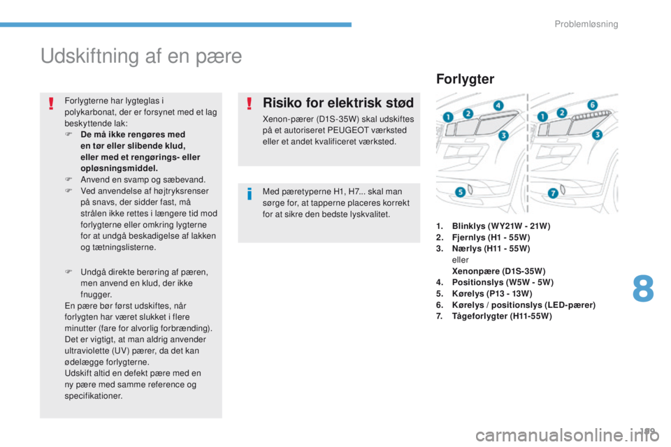PEUGEOT 4008 2017  Brugsanvisning (in Danish) 199
4008_da_Chap08_en-cas-de panne_ed01-2016
udskiftning af en pære
Med pæretyperne H1, H7... skal man 
sørge for, at tapperne placeres korrekt 
for at sikre den bedste lyskvalitet.
Forlygterne har
