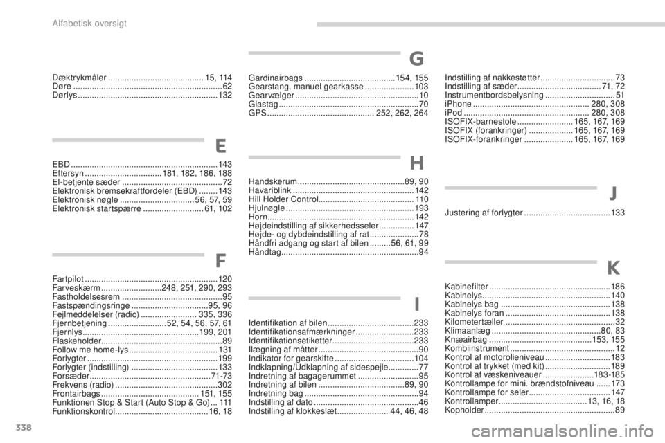 PEUGEOT 4008 2017  Brugsanvisning (in Danish) 338
4008_da_Chap11_index-alpha_ed01-2016
eBD ............................................................... 143e
ftersyn  ................................. 181, 182, 18 6, 188
el

-betjente sæder
 
