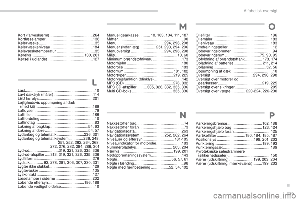 PEUGEOT 4008 2017  Brugsanvisning (in Danish) 339
4008_da_Chap11_index-alpha_ed01-2016
Kort (farveskærm) .........................................264
Kortlæselamper  ............................................ 13 8
Køler væske
 

...........