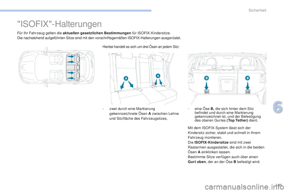 PEUGEOT 4008 2017  Betriebsanleitungen (in German) 165
4008_de_Chap06_securite_ed01-2016
"ISOFIX"-Halterungen
Für Ihr Fahrzeug gelten die aktuellen gesetzlichen Bestimmungen  für ISOFIX-Kindersitze.
Die nachstehend aufgeführten Sitze sind m