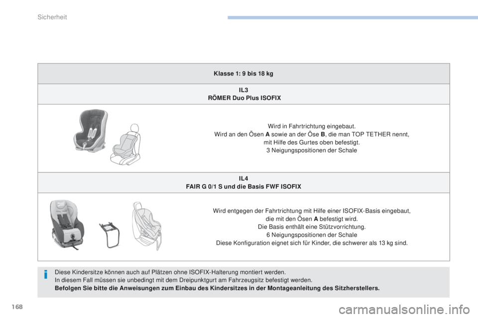 PEUGEOT 4008 2017  Betriebsanleitungen (in German) 168
4008_de_Chap06_securite_ed01-2016
Klasse 1: 9 bis 18 kgIL3 
 RÖMER Duo Plus ISOFIX
Wird in Fahrtrichtung eingebaut.
Wird an den Ösen A sowie an der Öse B , die man 
t
O
 P  tet
HeR n
 ennt,  
m