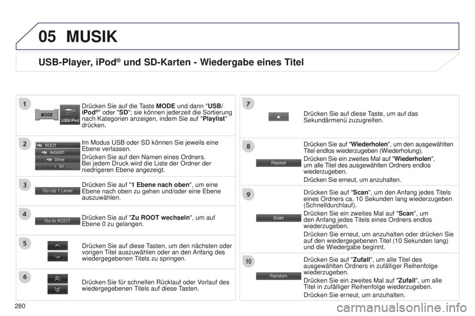 PEUGEOT 4008 2017 Betriebsanleitungen (in German) 05
280
4008_DE_CHAP10B_MITSU6_ED01-2016
USB-Player, iPod® und SD-Karten - Wiedergabe eines Titel
Drücken Sie auf die taste MODE und dann "USB/
iPod®" oder "SD"; sie können jederzei PEUGEOT 4008 2017 Betriebsanleitungen (in German) 05
280
4008_DE_CHAP10B_MITSU6_ED01-2016
USB-Player, iPod® und SD-Karten - Wiedergabe eines Titel
Drücken Sie auf die taste MODE und dann "USB/
iPod®" oder "SD"; sie können jederzei