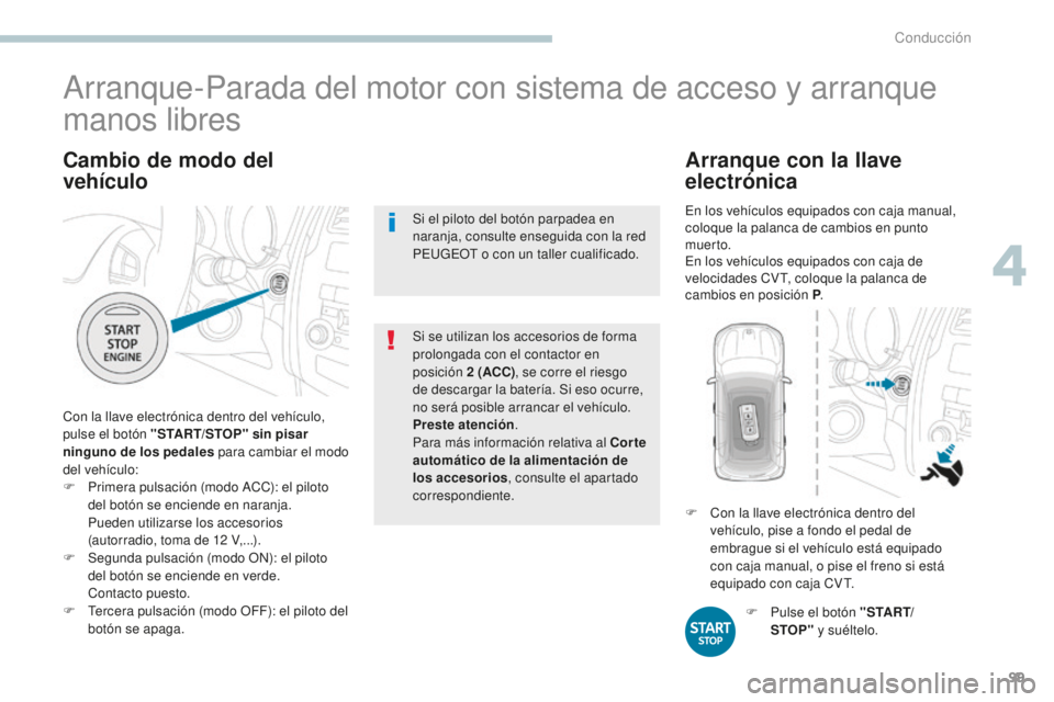 PEUGEOT 4008 2017 Manual del propietario (in Spanish) 99
4008_es_Chap04_conduite_ed01-2016
Cambio de modo del
vehÃculo
Con la llave electrónica dentro del vehÃculo,
pulse el botón "START/STOP" sin pisar
ninguno de los pedales para cambiar PEUGEOT 4008 2017 Manual del propietario (in Spanish) 99
4008_es_Chap04_conduite_ed01-2016
Cambio de modo del
vehÃculo
Con la llave electrónica dentro del vehÃculo,
pulse el botón "START/STOP" sin pisar
ninguno de los pedales para cambiar