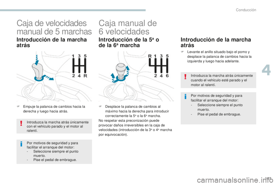 PEUGEOT 4008 2017 Manual del propietario (in Spanish) 103
4008_es_Chap04_conduite_ed01-2016
Caja de velocidades
manual de 5
m
archas
F Empuje la palanca de cambios hacia la
derecha y luego hacia atrás.
Introducción de la marcha
atrás
Caja manual d PEUGEOT 4008 2017 Manual del propietario (in Spanish) 103
4008_es_Chap04_conduite_ed01-2016
Caja de velocidades
manual de 5
m
archas
F Empuje la palanca de cambios hacia la
derecha y luego hacia atrás.
Introducción de la marcha
atrás
Caja manual d