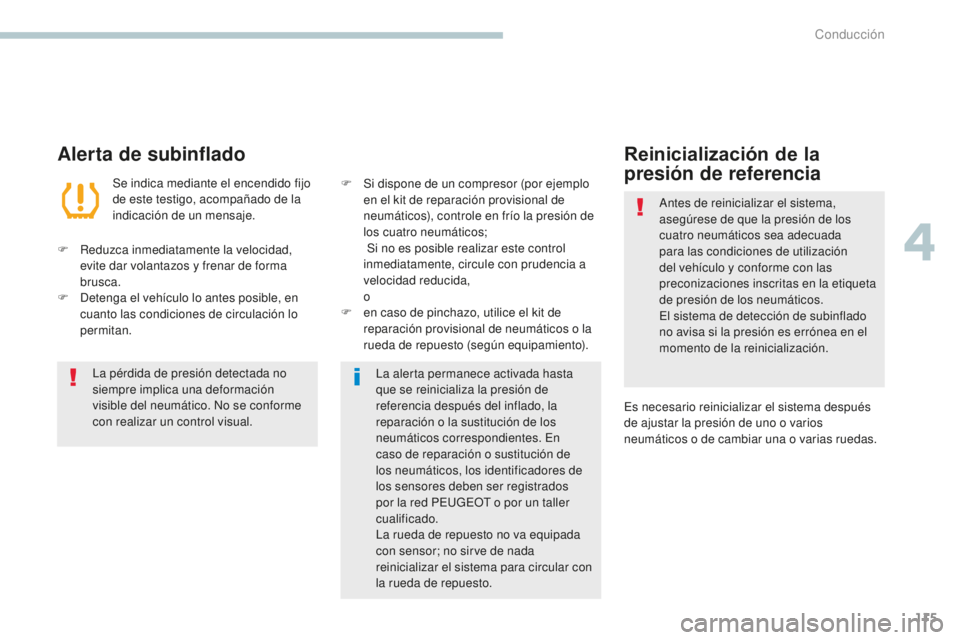 PEUGEOT 4008 2017 Manual del propietario (in Spanish) 115
4008_es_Chap04_conduite_ed01-2016
Alerta de subinflado
Se indica mediante el encendido fijo
de este testigo, acompañado de la
indicación de un mensaje.
F
R
eduzca inmediatamente la velocida PEUGEOT 4008 2017 Manual del propietario (in Spanish) 115
4008_es_Chap04_conduite_ed01-2016
Alerta de subinflado
Se indica mediante el encendido fijo
de este testigo, acompañado de la
indicación de un mensaje.
F
R
eduzca inmediatamente la velocida