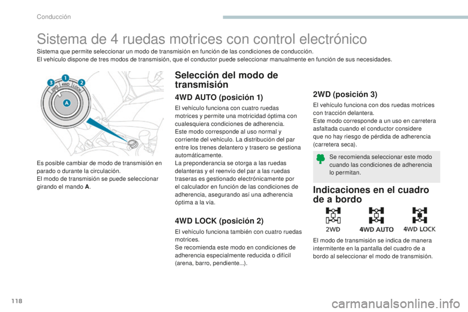 PEUGEOT 4008 2017 Manual del propietario (in Spanish) 118
4008_es_Chap04_conduite_ed01-2016
Sistema de 4 ruedas motrices con control electrónico
Sistema que permite seleccionar un modo de transmisión en función de las condiciones de conducción.
El ve PEUGEOT 4008 2017 Manual del propietario (in Spanish) 118
4008_es_Chap04_conduite_ed01-2016
Sistema de 4 ruedas motrices con control electrónico
Sistema que permite seleccionar un modo de transmisión en función de las condiciones de conducción.
El ve