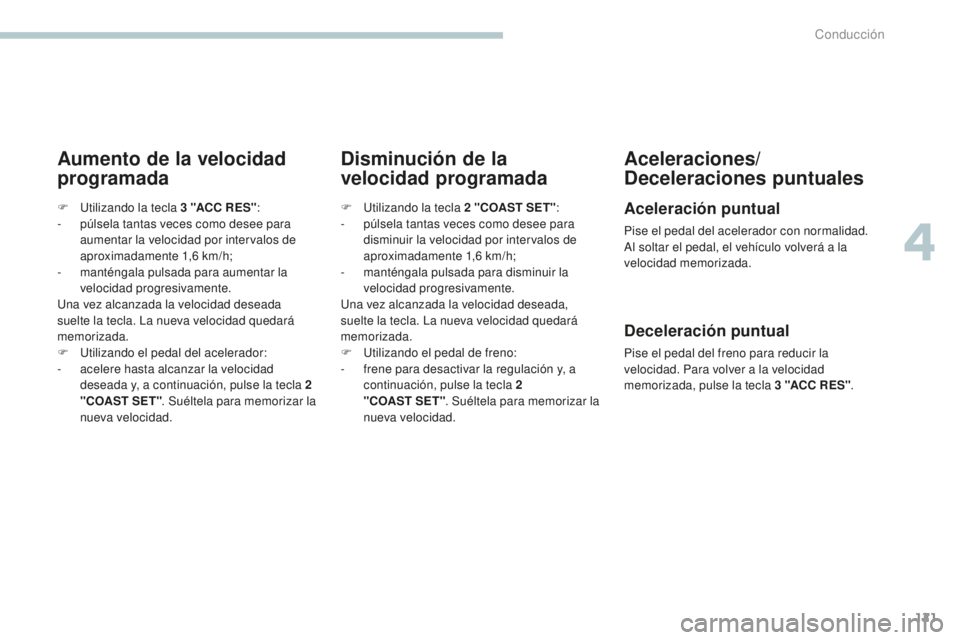 PEUGEOT 4008 2017 Manual del propietario (in Spanish) 121
4008_es_Chap04_conduite_ed01-2016
Aumento de la velocidad
programadaDisminución de la
velocidad programadaAceleraciones/
Deceleraciones puntuales
Aceleración puntual
Pise el pedal del acelerad PEUGEOT 4008 2017 Manual del propietario (in Spanish) 121
4008_es_Chap04_conduite_ed01-2016
Aumento de la velocidad
programadaDisminución de la
velocidad programadaAceleraciones/
Deceleraciones puntuales
Aceleración puntual
Pise el pedal del acelerad