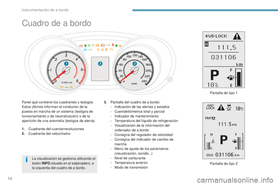 PEUGEOT 4008 2017  Manual del propietario (in Spanish) 12
Cuadro de a bordo
1. Cuadrante del cuentarrevoluciones
2. Cuadrante del velocímetro
Pantalla de tipo 2
3.
 P

antalla del cuadro de a bordo:
-  
I
 ndicación de las alertas y estados
-  
C
 uenta