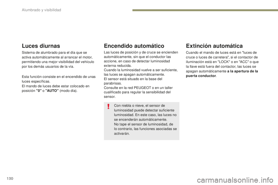 PEUGEOT 4008 2017 Manual del propietario (in Spanish) 130
4008_es_Chap05_Eclairage-et-visibilite_ed01-2016
Con niebla o nieve, el sensor de
luminosidad puede detectar suficiente
luminosidad. En este caso, las luces no
se encenderán automáticamente.
PEUGEOT 4008 2017 Manual del propietario (in Spanish) 130
4008_es_Chap05_Eclairage-et-visibilite_ed01-2016
Con niebla o nieve, el sensor de
luminosidad puede detectar suficiente
luminosidad. En este caso, las luces no
se encenderán automáticamente.