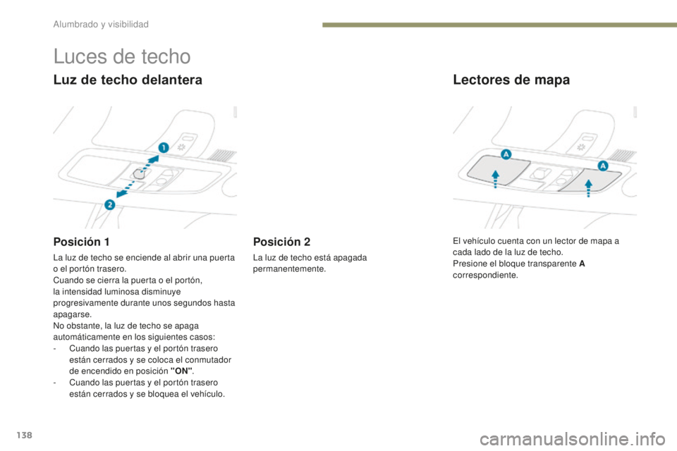 PEUGEOT 4008 2017 Manual del propietario (in Spanish) 138
4008_es_Chap05_Eclairage-et-visibilite_ed01-2016
Luces de techo
Luz de techo delantera
Posición 1
La luz de techo se enciende al abrir una puerta
o el portón trasero.
Cuando se cierra la puerta PEUGEOT 4008 2017 Manual del propietario (in Spanish) 138
4008_es_Chap05_Eclairage-et-visibilite_ed01-2016
Luces de techo
Luz de techo delantera
Posición 1
La luz de techo se enciende al abrir una puerta
o el portón trasero.
Cuando se cierra la puerta