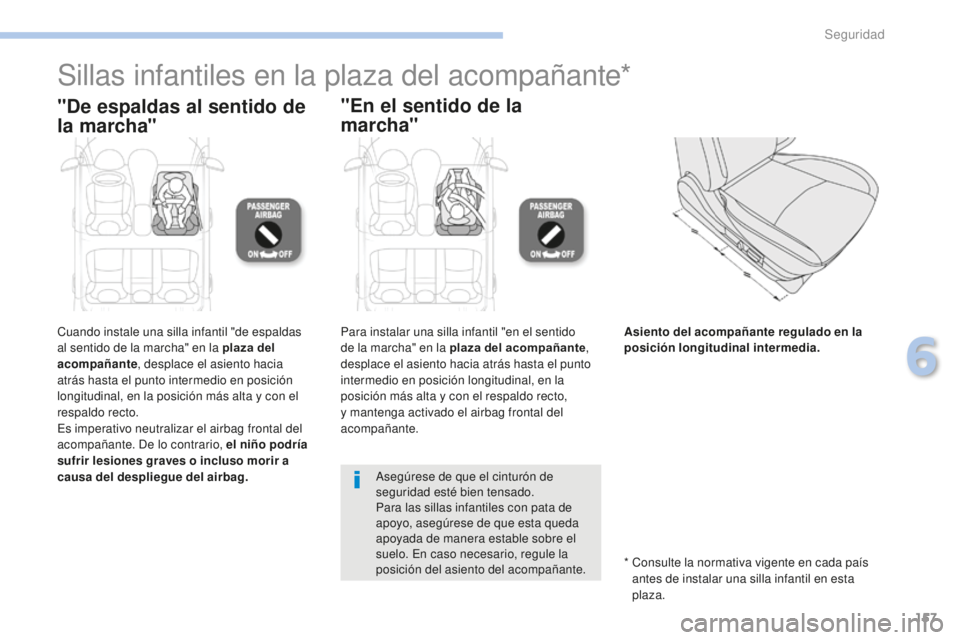 PEUGEOT 4008 2017 Manual del propietario (in Spanish) 157
4008_es_Chap06_securite_ed01-2016
Sillas infantiles en la plaza del acompañante*
"De espaldas al sentido de
la marcha""En el sentido de la
marcha"
Cuando instale una silla infan PEUGEOT 4008 2017 Manual del propietario (in Spanish) 157
4008_es_Chap06_securite_ed01-2016
Sillas infantiles en la plaza del acompañante*
"De espaldas al sentido de
la marcha""En el sentido de la
marcha"
Cuando instale una silla infan