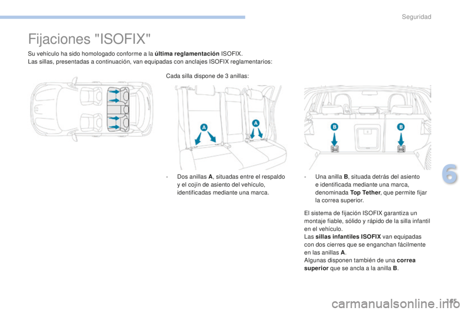 PEUGEOT 4008 2017 Manual del propietario (in Spanish) 165
4008_es_Chap06_securite_ed01-2016
Fijaciones "ISOFIX"
Su vehículo ha sido homologado conforme a la última reglamentación ISOFIX.
Las sillas, presentadas a continuación, van equipadas c PEUGEOT 4008 2017 Manual del propietario (in Spanish) 165
4008_es_Chap06_securite_ed01-2016
Fijaciones "ISOFIX"
Su vehículo ha sido homologado conforme a la última reglamentación ISOFIX.
Las sillas, presentadas a continuación, van equipadas c
