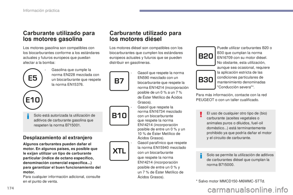 PEUGEOT 4008 2017  Manual del propietario (in Spanish) 174
4008_es_Chap07_info-pratiques_ed01-2016
Carburante utilizado para 
los motores gasolina
Los motores gasolina son compatibles con 
los biocarburantes conforme a los estándares 
actuales y futuros 