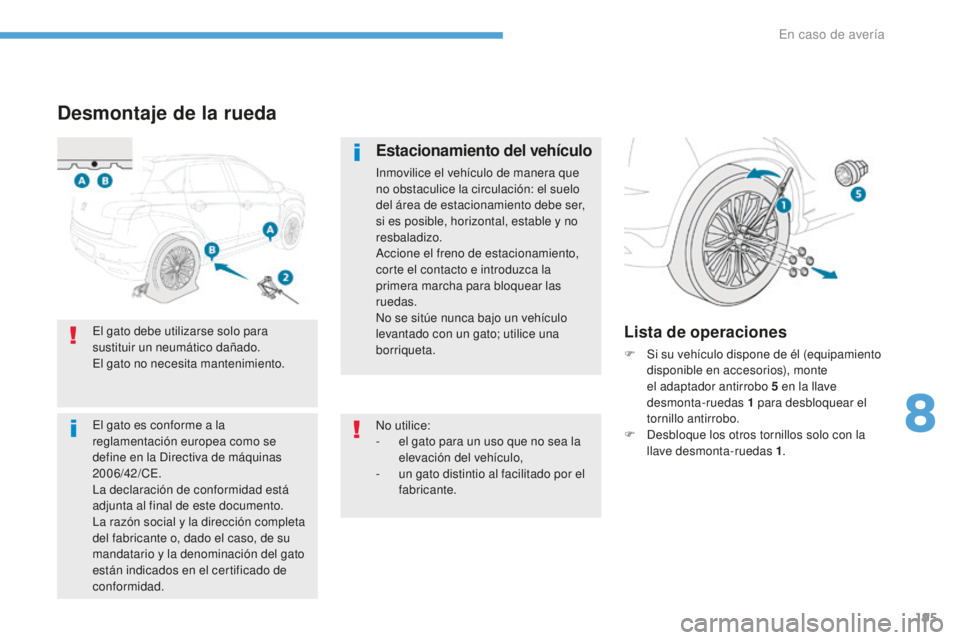 PEUGEOT 4008 2017 Manual del propietario (in Spanish) 195
4008_es_Chap08_En-cas-de panne_ed01-2016
Desmontaje de la rueda
Estacionamiento del vehículo
Inmovilice el vehículo de manera que
no obstaculice la circulación: el suelo
del área de estacion PEUGEOT 4008 2017 Manual del propietario (in Spanish) 195
4008_es_Chap08_En-cas-de panne_ed01-2016
Desmontaje de la rueda
Estacionamiento del vehículo
Inmovilice el vehículo de manera que
no obstaculice la circulación: el suelo
del área de estacion