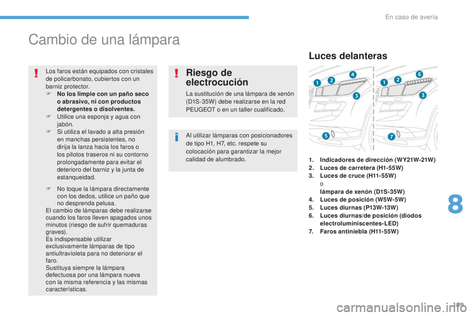 PEUGEOT 4008 2017 Manual del propietario (in Spanish) 199
4008_es_Chap08_En-cas-de panne_ed01-2016
Cambio de una lámpara
Al utilizar lámparas con posicionadores
de tipo H1, H7, etc. respete su
colocación para garantizar la mejor
calidad de alumbrad PEUGEOT 4008 2017 Manual del propietario (in Spanish) 199
4008_es_Chap08_En-cas-de panne_ed01-2016
Cambio de una lámpara
Al utilizar lámparas con posicionadores
de tipo H1, H7, etc. respete su
colocación para garantizar la mejor
calidad de alumbrad