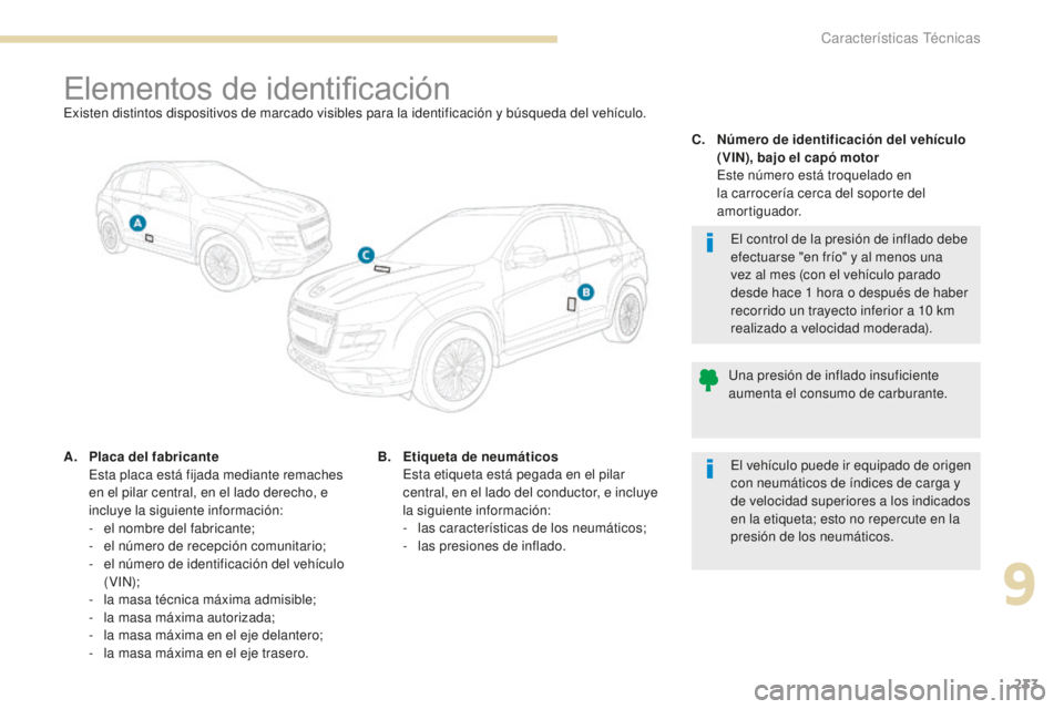 PEUGEOT 4008 2017 Manual del propietario (in Spanish) 233
4008_es_Chap09_caracteristiques-techniques_ed01-2016
Elementos de identificaciónExisten distintos dispositivos de marcado visibles para la identificación y búsqueda del vehículo.
A.
P
laca de PEUGEOT 4008 2017 Manual del propietario (in Spanish) 233
4008_es_Chap09_caracteristiques-techniques_ed01-2016
Elementos de identificaciónExisten distintos dispositivos de marcado visibles para la identificación y búsqueda del vehículo.
A.
P
laca de