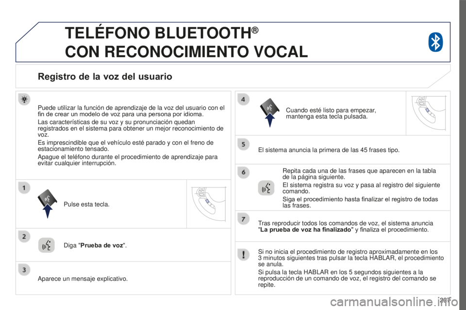 PEUGEOT 4008 2017  Manual del propietario (in Spanish) 237
4008_es_Chap10a_Mitsu3_ed01-2016
TELÉFONO BLUETOOTH®  
CON

 
RECONOCIMIENTO
 
VOCAL
Registro de la voz del usuario
Puede utilizar la función de aprendizaje de la voz del usuario con el\
 
fin 