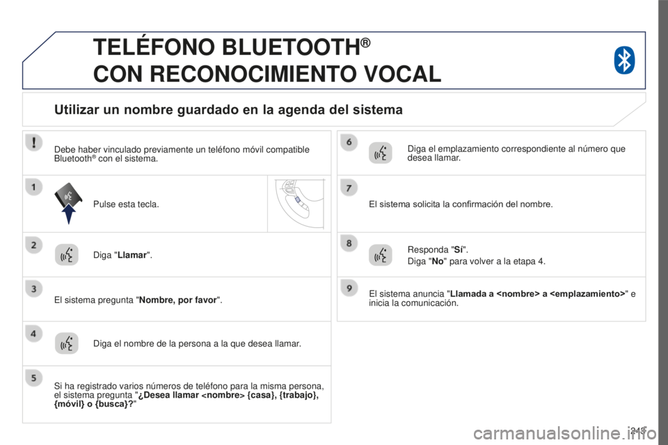 PEUGEOT 4008 2017 Manual del propietario (in Spanish) 243
4008_es_Chap10a_Mitsu3_ed01-2016
TELÉFONO BLUETOOTH®
CON
RECONOCIMIENTO
VOCAL
Diga "Llamar".
El sistema pregunta " Nombre, por favor".
Utilizar un nombre guardado en la ag PEUGEOT 4008 2017 Manual del propietario (in Spanish) 243
4008_es_Chap10a_Mitsu3_ed01-2016
TELÉFONO BLUETOOTH®
CON
RECONOCIMIENTO
VOCAL
Diga "Llamar".
El sistema pregunta " Nombre, por favor".
Utilizar un nombre guardado en la ag