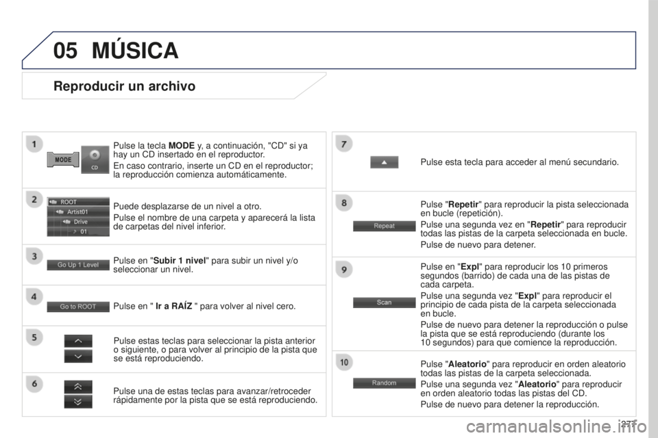 PEUGEOT 4008 2017 Manual del propietario (in Spanish) 05
277
4008_ES_CHAP10B_MITSU6_ED01-2016
Pulse la tecla MODE y, a continuación, "CD" si ya
hay un CD insertado en el reproductor.
En caso contrario, inserte un CD en el reproductor;
la
rep PEUGEOT 4008 2017 Manual del propietario (in Spanish) 05
277
4008_ES_CHAP10B_MITSU6_ED01-2016
Pulse la tecla MODE y, a continuación, "CD" si ya
hay un CD insertado en el reproductor.
En caso contrario, inserte un CD en el reproductor;
la
rep