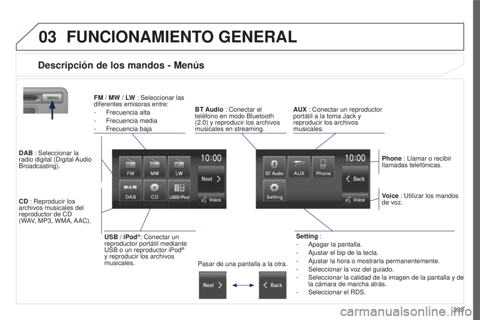 PEUGEOT 4008 2017 Manual del propietario (in Spanish) 03
293
4008_es_Chap10c_Mitsu5_ed01-2016
FUNCIONAMIENTO GENERAL
Descripción de los mandos - Menús
Setting :
-
Apagar la pantalla.
-
Ajustar el bip de la tecla.
-
Ajustar la hora o mostrarla pe PEUGEOT 4008 2017 Manual del propietario (in Spanish) 03
293
4008_es_Chap10c_Mitsu5_ed01-2016
FUNCIONAMIENTO GENERAL
Descripción de los mandos - Menús
Setting :
-
Apagar la pantalla.
-
Ajustar el bip de la tecla.
-
Ajustar la hora o mostrarla pe