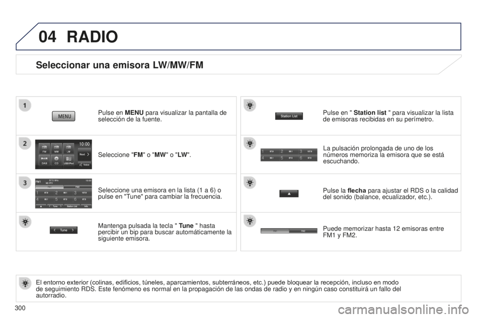 PEUGEOT 4008 2017 Manual del propietario (in Spanish) 04
300
Seleccionar una emisora LW/MW/FM
El entorno exterior (colinas, edificios, túneles, aparcamientos, subterráneos, etc.) puede bloquear la recepción, incluso en modo
de seguimiento RDS. Este f PEUGEOT 4008 2017 Manual del propietario (in Spanish) 04
300
Seleccionar una emisora LW/MW/FM
El entorno exterior (colinas, edificios, túneles, aparcamientos, subterráneos, etc.) puede bloquear la recepción, incluso en modo
de seguimiento RDS. Este f