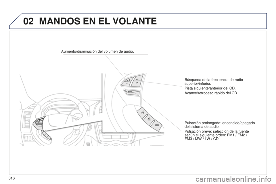 PEUGEOT 4008 2017 Manual del propietario (in Spanish) 02
316
4008_es_Chap10d_Mitsu4_ed01-2016
MANDOS EN EL VOLANTE
Aumento/disminución del volumen de audio.
Búsqueda de la frecuencia de radio
superior/inferior.
Pista siguiente/anterior del CD.
Avance/ PEUGEOT 4008 2017 Manual del propietario (in Spanish) 02
316
4008_es_Chap10d_Mitsu4_ed01-2016
MANDOS EN EL VOLANTE
Aumento/disminución del volumen de audio.
Búsqueda de la frecuencia de radio
superior/inferior.
Pista siguiente/anterior del CD.
Avance/
