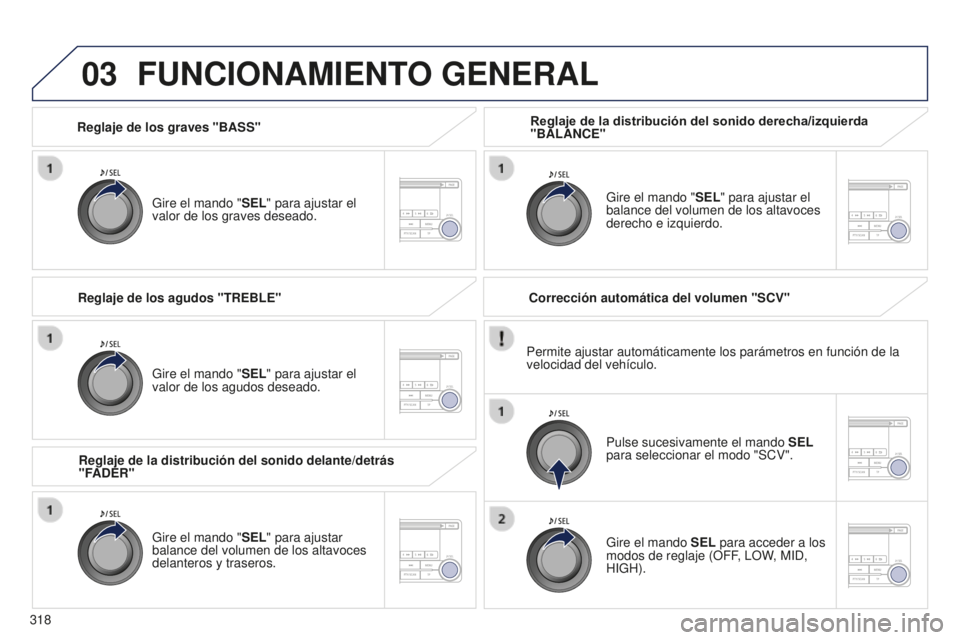 PEUGEOT 4008 2017 Manual del propietario (in Spanish) 03
318
4008_es_Chap10d_Mitsu4_ed01-2016
Reglaje de los graves "BASS"Gire el mando " SEL" para ajustar el
valor de los graves deseado.
FUNCIONAMIENTO GENERAL
Gire el mando " SEL PEUGEOT 4008 2017 Manual del propietario (in Spanish) 03
318
4008_es_Chap10d_Mitsu4_ed01-2016
Reglaje de los graves "BASS"Gire el mando " SEL" para ajustar el
valor de los graves deseado.
FUNCIONAMIENTO GENERAL
Gire el mando " SEL