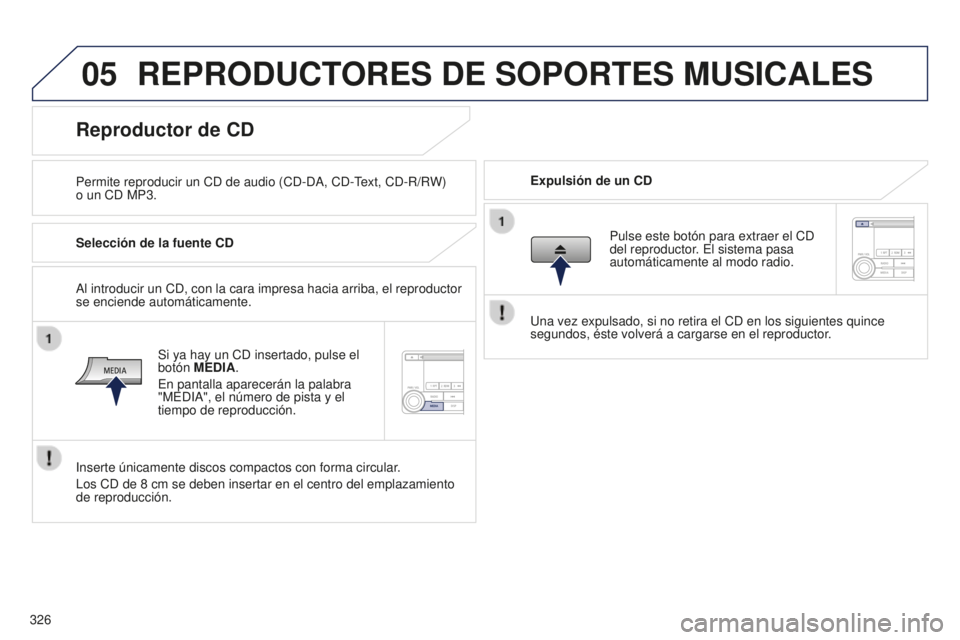 PEUGEOT 4008 2017 Manual del propietario (in Spanish) 05
326
4008_es_Chap10d_Mitsu4_ed01-2016
REPRODUCTORES DE SOPORTES MUSICALES
Permite reproducir un CD de audio (CD-DA, CD-Text, CD-R/RW)
o un CD MP3.Expulsión de un CD
Reproductor de CD
Selección d PEUGEOT 4008 2017 Manual del propietario (in Spanish) 05
326
4008_es_Chap10d_Mitsu4_ed01-2016
REPRODUCTORES DE SOPORTES MUSICALES
Permite reproducir un CD de audio (CD-DA, CD-Text, CD-R/RW)
o un CD MP3.Expulsión de un CD
Reproductor de CD
Selección d