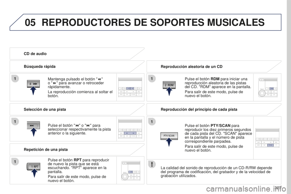 PEUGEOT 4008 2017 Manual del propietario (in Spanish) 05
327
4008_es_Chap10d_Mitsu4_ed01-2016
REPRODUCTORES DE SOPORTES MUSICALES
Reproducción aleatoria de un CDPulse el botón RDM para iniciar una
reproducción aleatoria de las pistas
del CD. "R PEUGEOT 4008 2017 Manual del propietario (in Spanish) 05
327
4008_es_Chap10d_Mitsu4_ed01-2016
REPRODUCTORES DE SOPORTES MUSICALES
Reproducción aleatoria de un CDPulse el botón RDM para iniciar una
reproducción aleatoria de las pistas
del CD. "R
