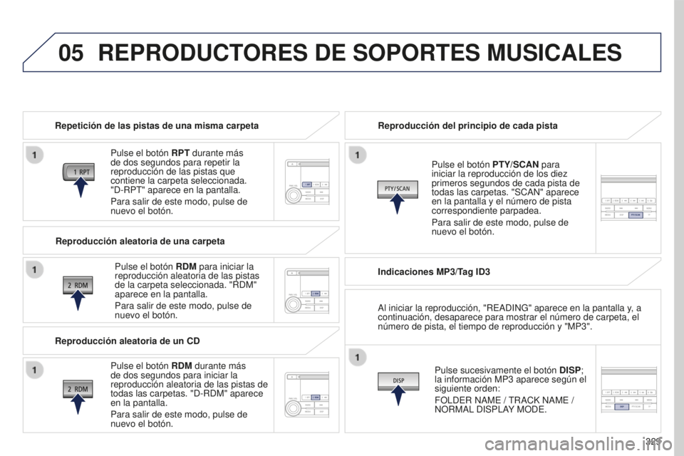 PEUGEOT 4008 2017 Manual del propietario (in Spanish) 05
329
4008_es_Chap10d_Mitsu4_ed01-2016
REPRODUCTORES DE SOPORTES MUSICALES
Repetición de las pistas de una misma carpetaPulse el botón RPT durante más
de dos segundos para repetir la
reproducci PEUGEOT 4008 2017 Manual del propietario (in Spanish) 05
329
4008_es_Chap10d_Mitsu4_ed01-2016
REPRODUCTORES DE SOPORTES MUSICALES
Repetición de las pistas de una misma carpetaPulse el botón RPT durante más
de dos segundos para repetir la
reproducci