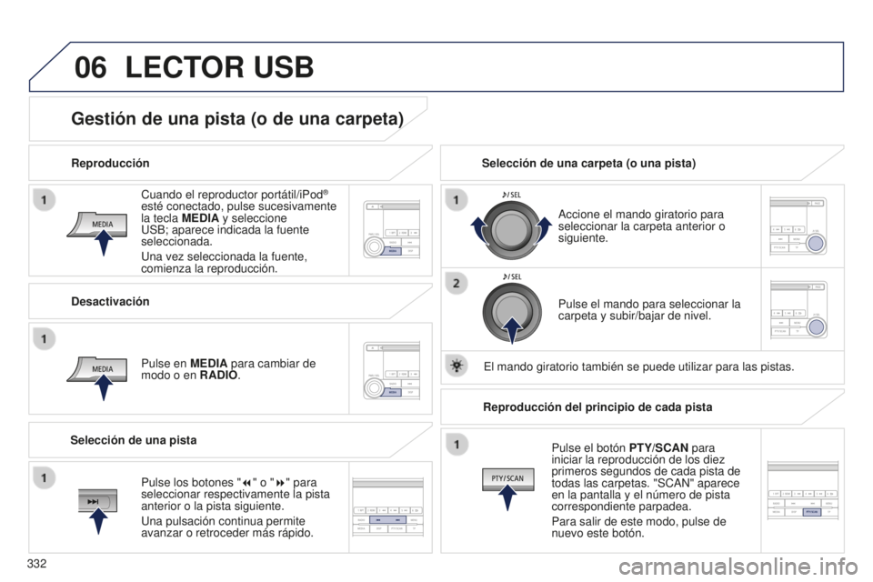 PEUGEOT 4008 2017 Manual del propietario (in Spanish) 06
332
4008_es_Chap10d_Mitsu4_ed01-2016
Cuando el reproductor portátil/iPod®
esté conectado, pulse sucesivamente
la tecla MEDIA y seleccione
USB; aparece indicada la fuente
seleccionada.
Una ve PEUGEOT 4008 2017 Manual del propietario (in Spanish) 06
332
4008_es_Chap10d_Mitsu4_ed01-2016
Cuando el reproductor portátil/iPod®
esté conectado, pulse sucesivamente
la tecla MEDIA y seleccione
USB; aparece indicada la fuente
seleccionada.
Una ve