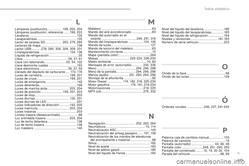 PEUGEOT 4008 2017  Manual del propietario (in Spanish) 339
4008_es_Chap11_index-alpha_ed01-2016
Lámparas (sustitución)................. 199, 203, 204
Lámparas (sustitución, referencia) ....... 19
9, 203
Lavafaros
 ..............................

.....