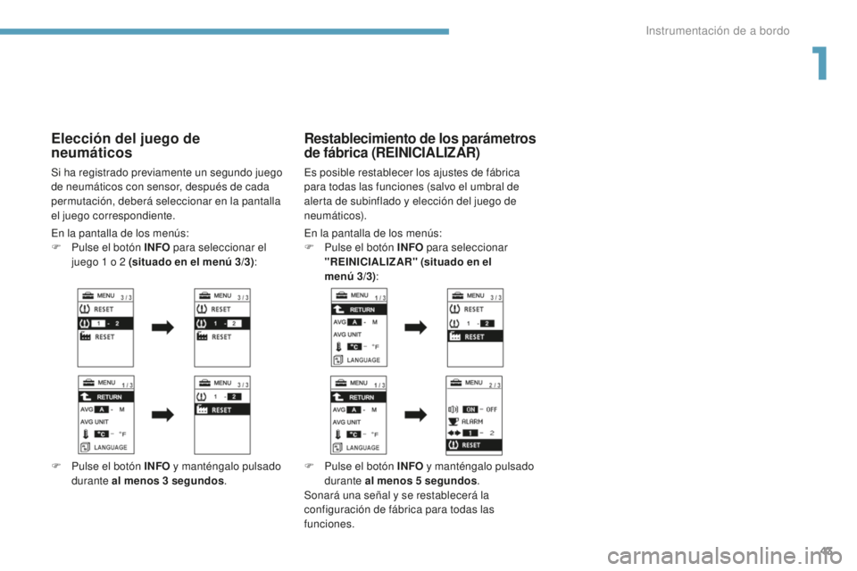 PEUGEOT 4008 2017 Manual del propietario (in Spanish) 43
4008_es_Chap01_Instruments-de-bord_ed01-2016
Elección del juego de
neumáticos
Si ha registrado previamente un segundo juego
de neumáticos con sensor, después de cada
permutación, deberá se PEUGEOT 4008 2017 Manual del propietario (in Spanish) 43
4008_es_Chap01_Instruments-de-bord_ed01-2016
Elección del juego de
neumáticos
Si ha registrado previamente un segundo juego
de neumáticos con sensor, después de cada
permutación, deberá se