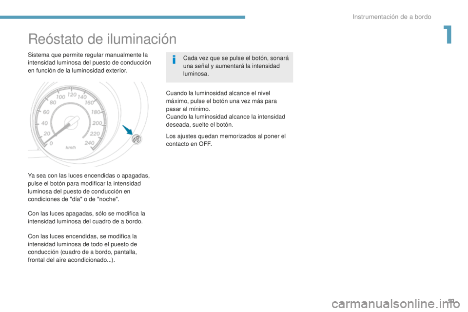PEUGEOT 4008 2017 Manual del propietario (in Spanish) 51
4008_es_Chap01_Instruments-de-bord_ed01-2016
Reóstato de iluminación
Sistema que permite regular manualmente la
intensidad luminosa del puesto de conducción
en función de la luminosidad exter PEUGEOT 4008 2017 Manual del propietario (in Spanish) 51
4008_es_Chap01_Instruments-de-bord_ed01-2016
Reóstato de iluminación
Sistema que permite regular manualmente la
intensidad luminosa del puesto de conducción
en función de la luminosidad exter