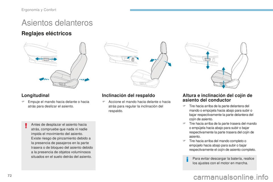 PEUGEOT 4008 2017  Manual del propietario (in Spanish) 72
4008_es_Chap03_Ergonomie-et-confort_ed01-2016
Asientos delanteros
Reglajes eléctricos
Longitudinal
F Empuje el mando hacia delante o hacia atrás para deslizar el asiento.
Inclinación del respald