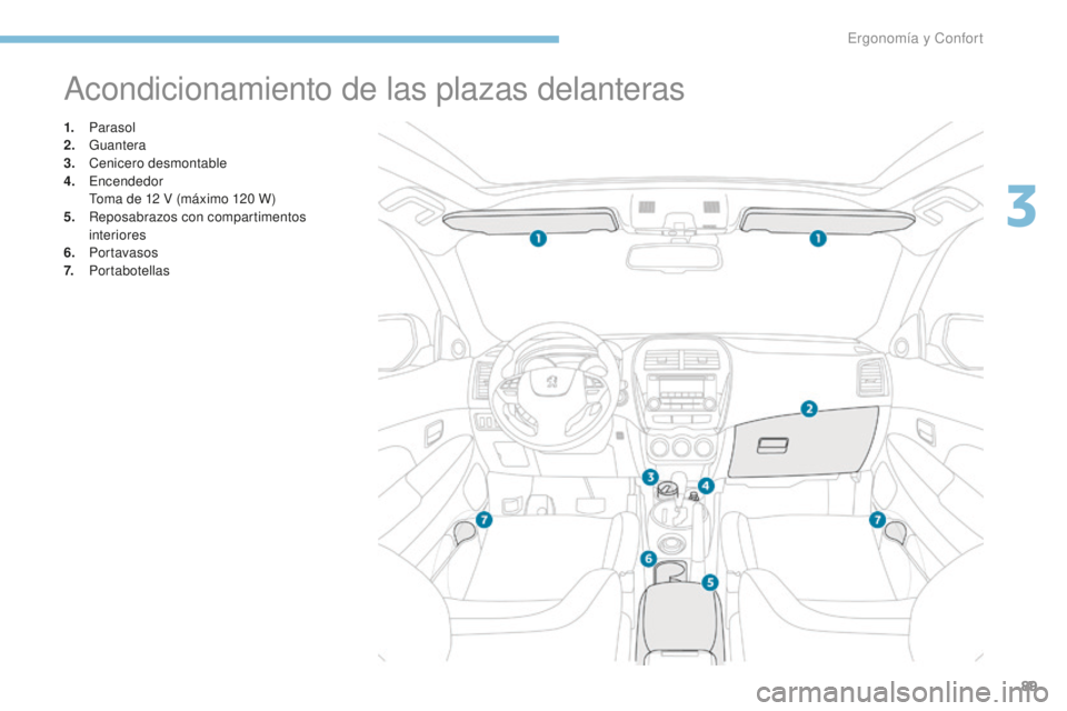 PEUGEOT 4008 2017 Manual del propietario (in Spanish) 89
4008_es_Chap03_Ergonomie-et-confort_ed01-2016
Acondicionamiento de las plazas delanteras
1. Parasol
2. G uantera
3.
C
enicero desmontable
4.
E
ncendedor
T
oma de 12 V (máximo 120 W)
5.
PEUGEOT 4008 2017 Manual del propietario (in Spanish) 89
4008_es_Chap03_Ergonomie-et-confort_ed01-2016
Acondicionamiento de las plazas delanteras
1. Parasol
2. G uantera
3.
C
enicero desmontable
4.
E
ncendedor
T
oma de 12 V (máximo 120 W)
5.
