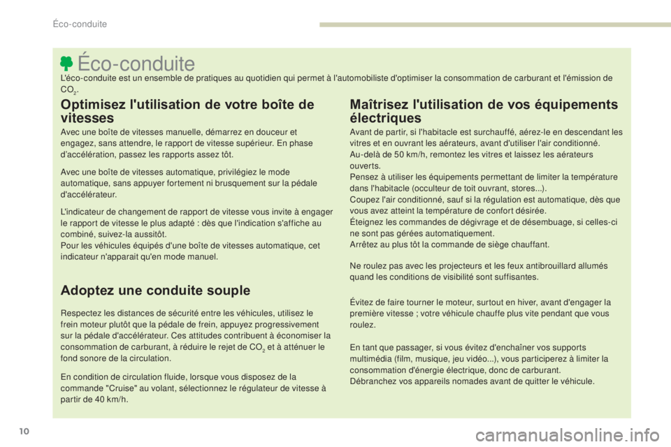 PEUGEOT 4008 2017 Manuel du propriétaire (in French) 10
Éco-conduiteL'éco-conduite est un ensemble de pratiques au quotidien qui permet à l'automobiliste d'optimiser la consommation de carburant et l'émission de
CO
2.
Optimisez l PEUGEOT 4008 2017 Manuel du propriétaire (in French) 10
Éco-conduiteL'éco-conduite est un ensemble de pratiques au quotidien qui permet à l'automobiliste d'optimiser la consommation de carburant et l'émission de
CO
2.
Optimisez l