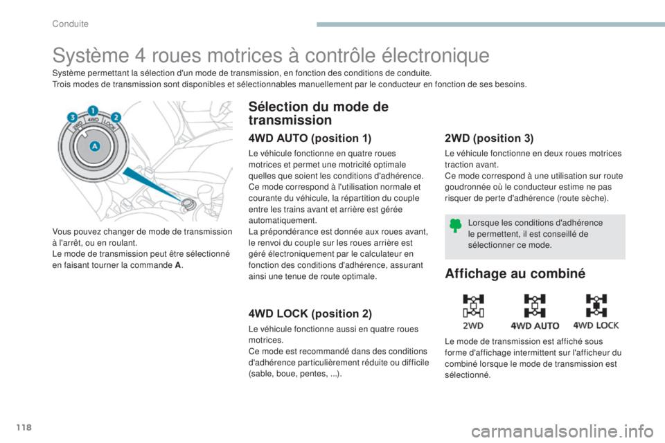 PEUGEOT 4008 2017 Manuel du propriétaire (in French) 118
Système 4 roues motrices à contrôle électronique
Système permettant la sélection d'un mode de transmission, en fonction des conditions de conduite.
Trois modes de transmission sont dispo PEUGEOT 4008 2017 Manuel du propriétaire (in French) 118
Système 4 roues motrices à contrôle électronique
Système permettant la sélection d'un mode de transmission, en fonction des conditions de conduite.
Trois modes de transmission sont dispo