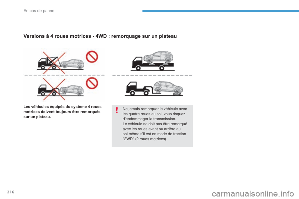 PEUGEOT 4008 2017  Manuel du propriétaire (in French) 216
Les véhicules équipés du système 4 roues 
motrices doivent toujours être remorqués 
sur un plateau.Ne jamais remorquer le véhicule avec 
les quatre roues au sol, vous risquez 
d'endomma