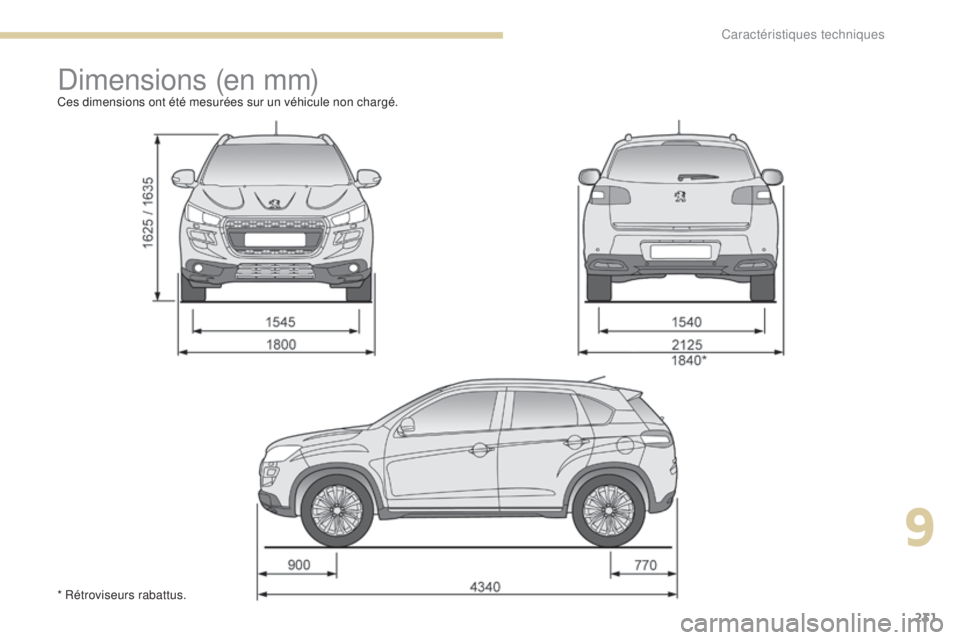 PEUGEOT 4008 2017 Manuel du propriétaire (in French) 231
Dimensions (en mm)Ces dimensions ont été mesurées sur un véhicule non chargé.
* Rétroviseurs rabattus.
9
Caractéristiques techniques PEUGEOT 4008 2017 Manuel du propriétaire (in French) 231
Dimensions (en mm)Ces dimensions ont été mesurées sur un véhicule non chargé.
* Rétroviseurs rabattus.
9
Caractéristiques techniques