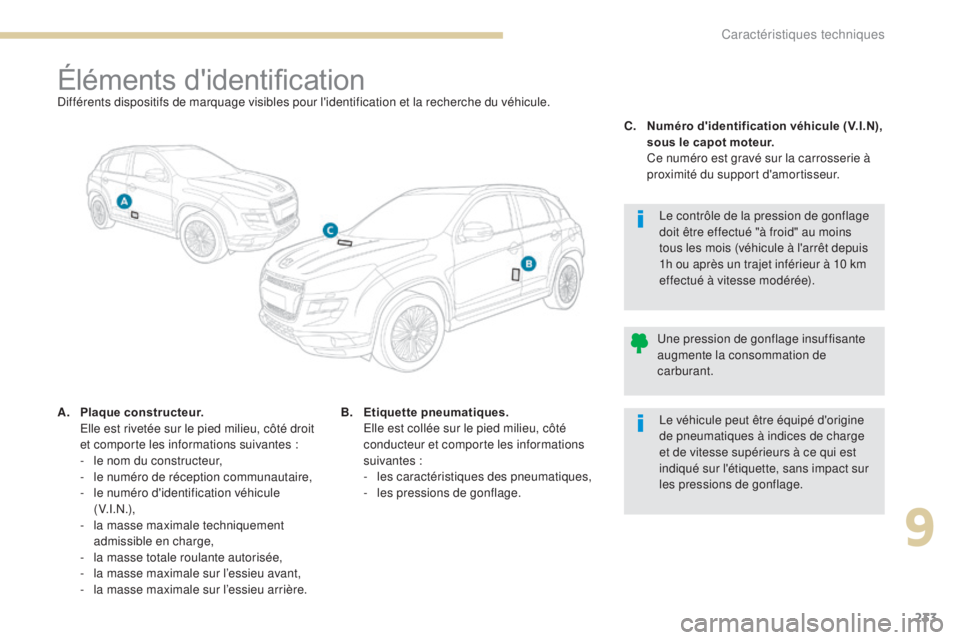 PEUGEOT 4008 2017 Manuel du propriétaire (in French) 233
Éléments d'identificationDifférents dispositifs de marquage visibles pour l'identification et la recherche du véhicule.
A.
P
laque constructeur.
E
lle est rivetée sur le pied mil PEUGEOT 4008 2017 Manuel du propriétaire (in French) 233
Éléments d'identificationDifférents dispositifs de marquage visibles pour l'identification et la recherche du véhicule.
A.
P
laque constructeur.
E
lle est rivetée sur le pied mil