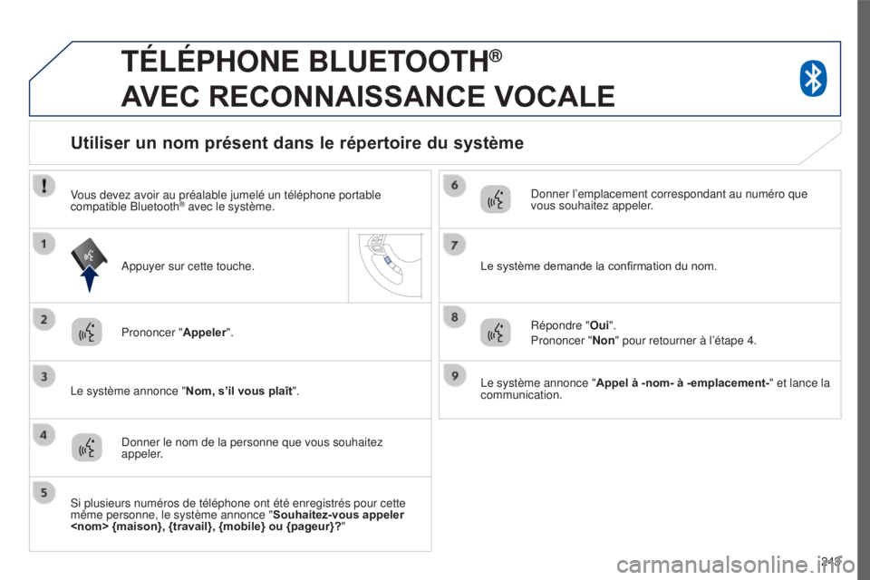 PEUGEOT 4008 2017 Manuel du propriétaire (in French) 243
TÉLÉPHONE BLUETOOTH®
A
VEC
RECONNAISSANCE
VOCALE
Prononcer " Appeler".
Le système annonce " Nom, s’il vous plaît".
Utiliser un nom présent dans le répertoire du syst PEUGEOT 4008 2017 Manuel du propriétaire (in French) 243
TÉLÉPHONE BLUETOOTH®
A
VEC
RECONNAISSANCE
VOCALE
Prononcer " Appeler".
Le système annonce " Nom, s’il vous plaît".
Utiliser un nom présent dans le répertoire du syst