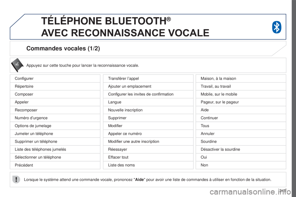 PEUGEOT 4008 2017 Manuel du propriétaire (in French) 245
Commandes vocales (1/2)
Configurer
Répertoire
Composer
Appeler
Recomposer
Numéro d’urgence
Options de jumelage
Jumeler un téléphone
Supprimer un téléphone
Liste des téléphones jumelés
S PEUGEOT 4008 2017 Manuel du propriétaire (in French) 245
Commandes vocales (1/2)
Configurer
Répertoire
Composer
Appeler
Recomposer
Numéro d’urgence
Options de jumelage
Jumeler un téléphone
Supprimer un téléphone
Liste des téléphones jumelés
S