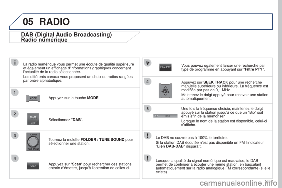 PEUGEOT 4008 2017 Manuel du propriétaire (in French) 05
275
DAB (Digital Audio Broadcasting)
Radio numérique
La radio numérique vous permet une écoute de qualité supérie\
ure
et également un affichage d'informations graphiques concernant
l PEUGEOT 4008 2017 Manuel du propriétaire (in French) 05
275
DAB (Digital Audio Broadcasting)
Radio numérique
La radio numérique vous permet une écoute de qualité supérie\
ure
et également un affichage d'informations graphiques concernant
l