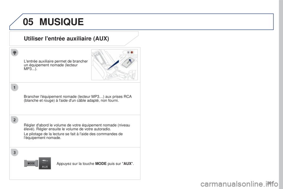 PEUGEOT 4008 2017  Manuel du propriétaire (in French) 05
281
MUSIQUE
Utiliser l'entrée auxiliaire (AUX)
L'entrée auxiliaire permet de brancher 
un équipement nomade (lecteur 
MP3...).
Brancher l'équipement nomade (lecteur MP3…) aux pris