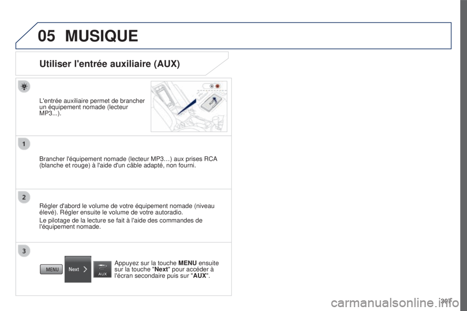 PEUGEOT 4008 2017 Manuel du propriétaire (in French) 05
307
MUSIQUE
Utiliser l'entrée auxiliaire (AUX)
L'entrée auxiliaire permet de brancher
un équipement nomade (lecteur
MP3...).
Brancher l'équipement nomade (lecteur MP3…) aux pris PEUGEOT 4008 2017 Manuel du propriétaire (in French) 05
307
MUSIQUE
Utiliser l'entrée auxiliaire (AUX)
L'entrée auxiliaire permet de brancher
un équipement nomade (lecteur
MP3...).
Brancher l'équipement nomade (lecteur MP3…) aux pris