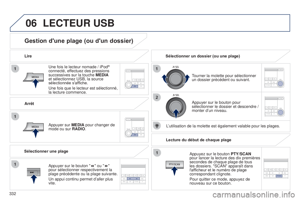 PEUGEOT 4008 2017 Manuel du propriétaire (in French) 06
332Une fois le lecteur nomade / iPod
®
connecté, effectuez des pressions
successives sur la touche MEDIA
et sélectionnez USB, la source
sélectionnée s'affiche.
Une fois que le lecteur PEUGEOT 4008 2017 Manuel du propriétaire (in French) 06
332Une fois le lecteur nomade / iPod
®
connecté, effectuez des pressions
successives sur la touche MEDIA
et sélectionnez USB, la source
sélectionnée s'affiche.
Une fois que le lecteur