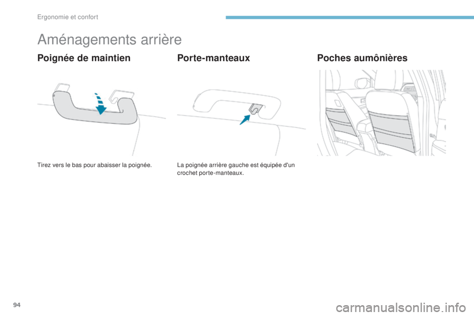 PEUGEOT 4008 2017 Manuel du propriétaire (in French) 94
Aménagements arrière
Tirez vers le bas pour abaisser la poignée.
Poignée de maintien
La poignée arrière gauche est équipée d'un
crochet porte-manteaux.
Porte-manteauxPoches aumônière PEUGEOT 4008 2017 Manuel du propriétaire (in French) 94
Aménagements arrière
Tirez vers le bas pour abaisser la poignée.
Poignée de maintien
La poignée arrière gauche est équipée d'un
crochet porte-manteaux.
Porte-manteauxPoches aumônière