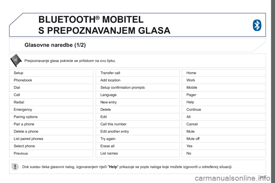 PEUGEOT 4008 2017 Upute Za Rukovanje (in Croatian) 245
4008_hr_Chap10a_Mitsu3_ed01-2016
Glasovne naredbe (1/2)
Setup
Phonebook
Dial
Call
Redial
Emergency
Pairing options
Pair a phone
Delete a phone
List paired phones
Select phone
PreviousPrepoznavanje PEUGEOT 4008 2017 Upute Za Rukovanje (in Croatian) 245
4008_hr_Chap10a_Mitsu3_ed01-2016
Glasovne naredbe (1/2)
Setup
Phonebook
Dial
Call
Redial
Emergency
Pairing options
Pair a phone
Delete a phone
List paired phones
Select phone
PreviousPrepoznavanje