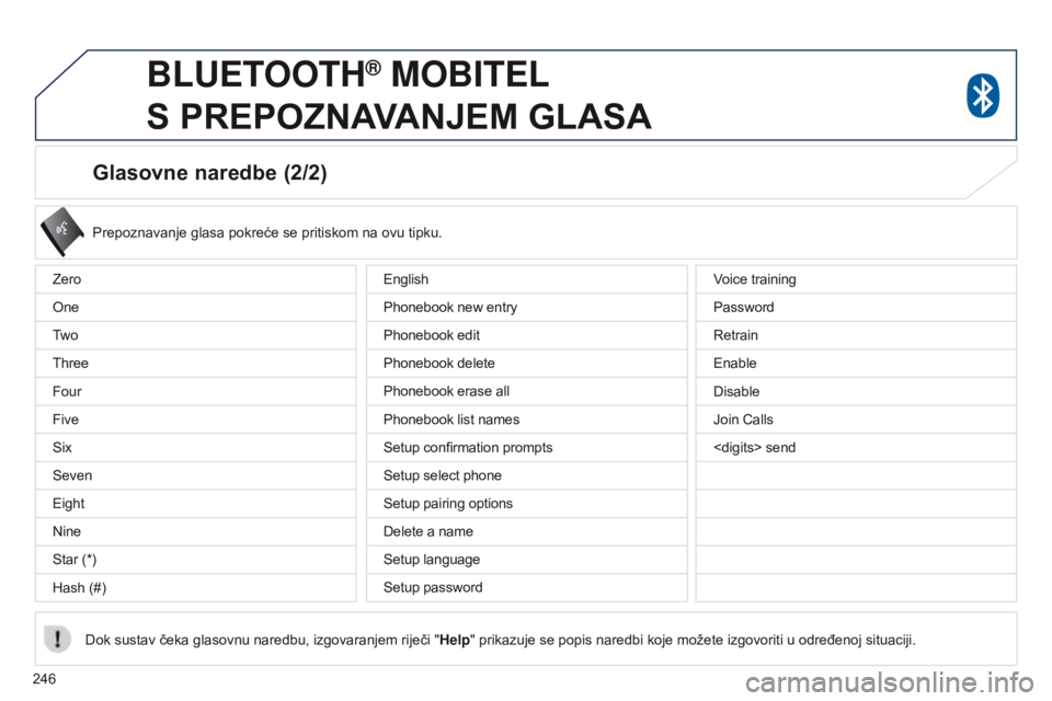 PEUGEOT 4008 2017 Upute Za Rukovanje (in Croatian) 246
4008_hr_Chap10a_Mitsu3_ed01-2016
Glasovne naredbe (2/2)
Prepoznavanje glasa pokreće se pritiskom na ovu tipku.
Dok sustav čeka glasovnu naredbu, izgovaranjem riječi " Help" prikazuje se PEUGEOT 4008 2017 Upute Za Rukovanje (in Croatian) 246
4008_hr_Chap10a_Mitsu3_ed01-2016
Glasovne naredbe (2/2)
Prepoznavanje glasa pokreće se pritiskom na ovu tipku.
Dok sustav čeka glasovnu naredbu, izgovaranjem riječi " Help" prikazuje se
